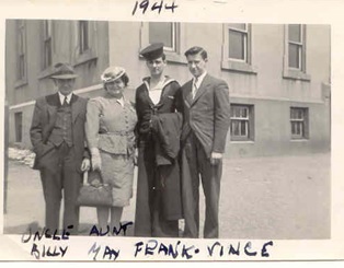 Photo courtesy of Gerry Madigan, family archives showing Willy and May Madigan (grandparents), Frank Madigan (uncle), and Vincent Madigan (father), dated 1944.